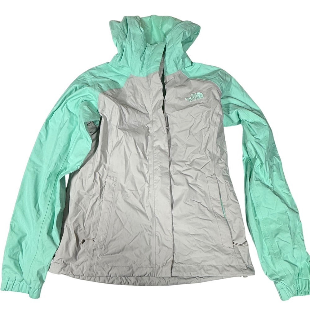 The North Face Resolve 2 Rain Jacket Womens XS Gray Mint Green Hooded Shell